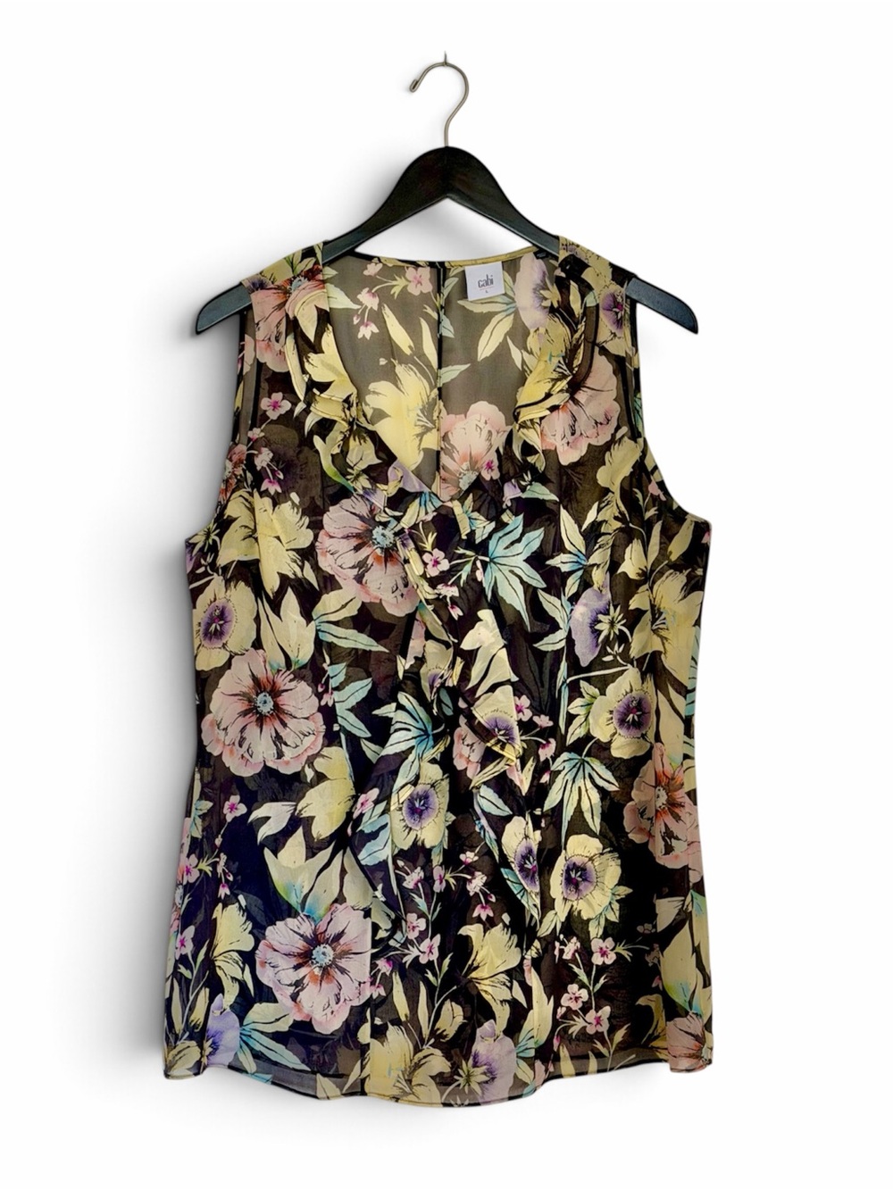 CAbi Osaka Nights Floral Ruffle Sleeveless Blouse Black Size Large 3265